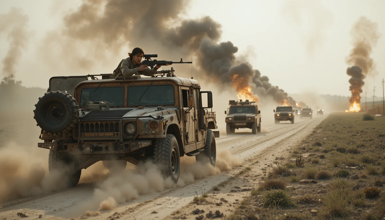 Cinematic firefight on a modified military truck at sunset