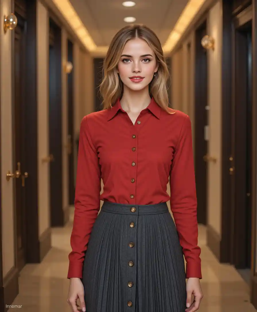 Young blonde woman walking in soft indoor light