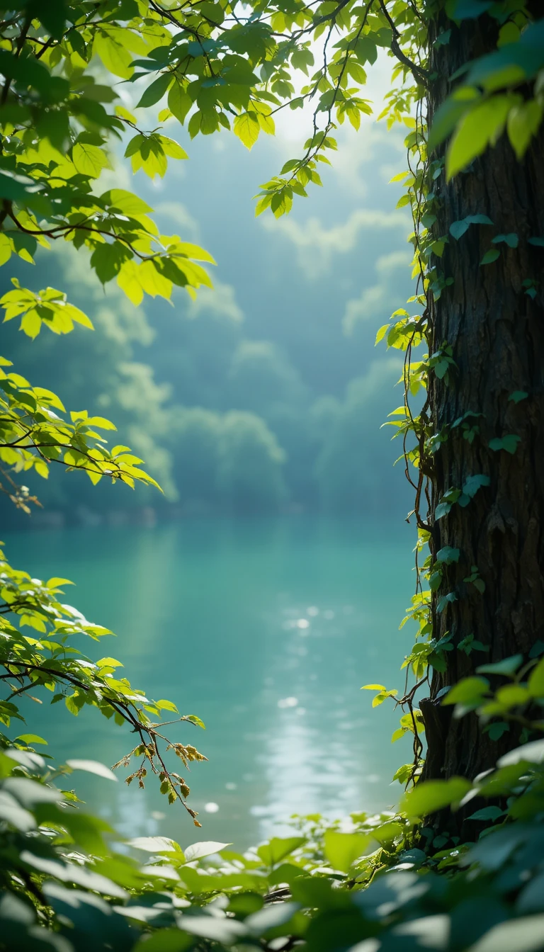 Serene forest lake with tree trunk and soft mist