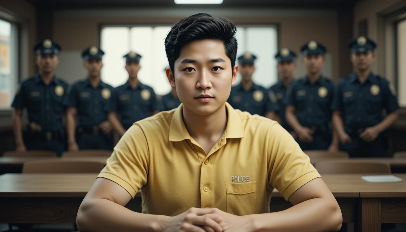 Serious young man in a rural police station interview