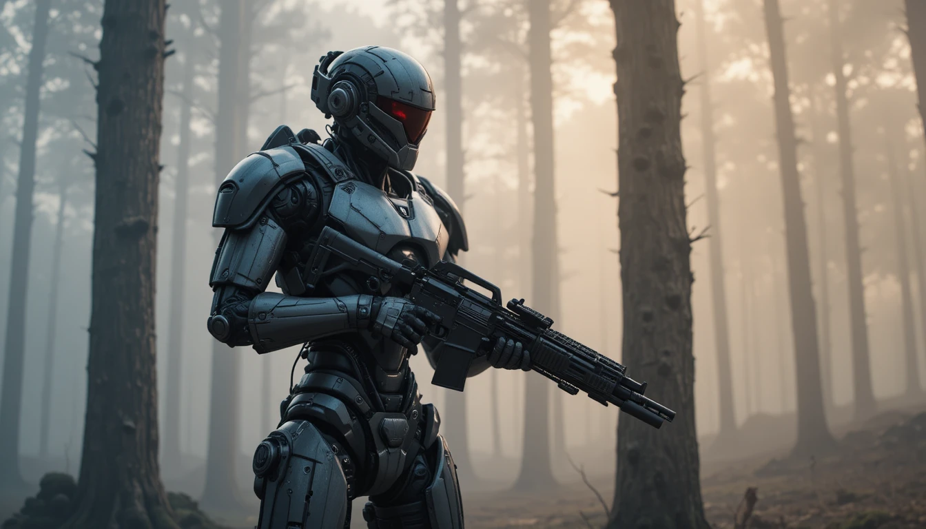Armed humanoid combat robot in a misty forest