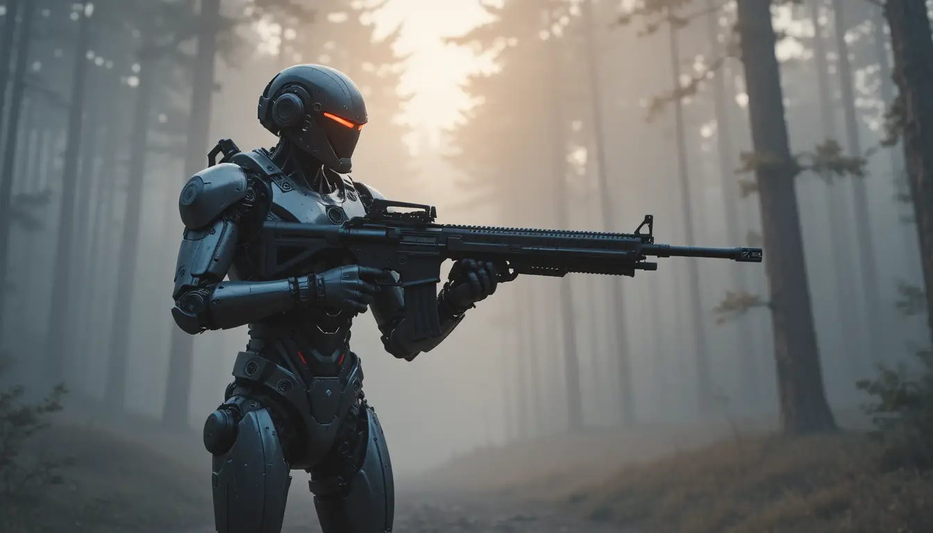 Futuristic combat robot guarding a misty forest at dawn