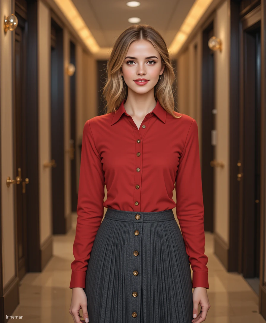 Young blonde woman walking in soft indoor light