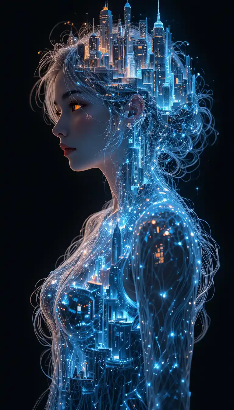 Ragazza anime con capelli città luminosi nel vuoto oscuro