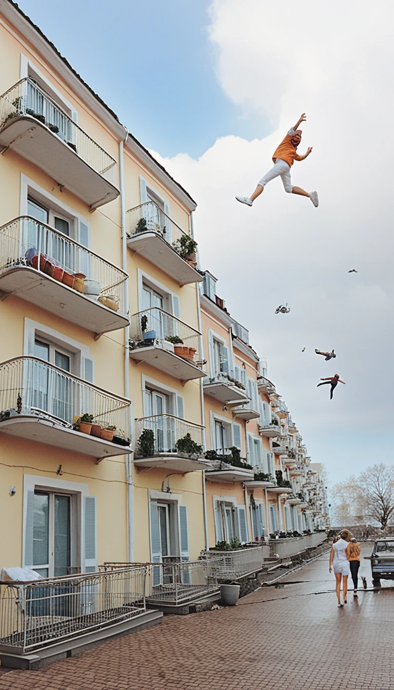 Flying people soaring above balconies and laundry lines
