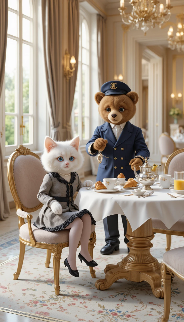 Tiny dressed kittens having breakfast in a luxurious Paris room
