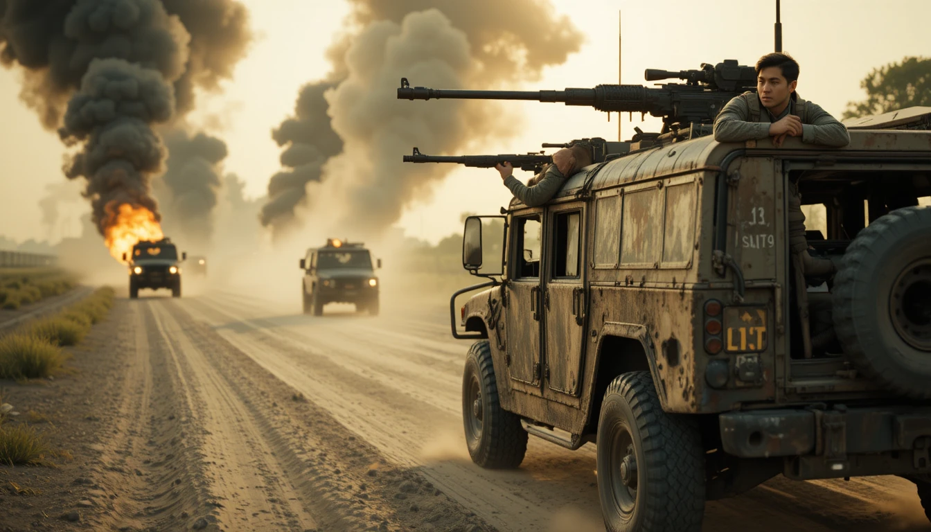 Armored humvee fires back on dusty road at sunset