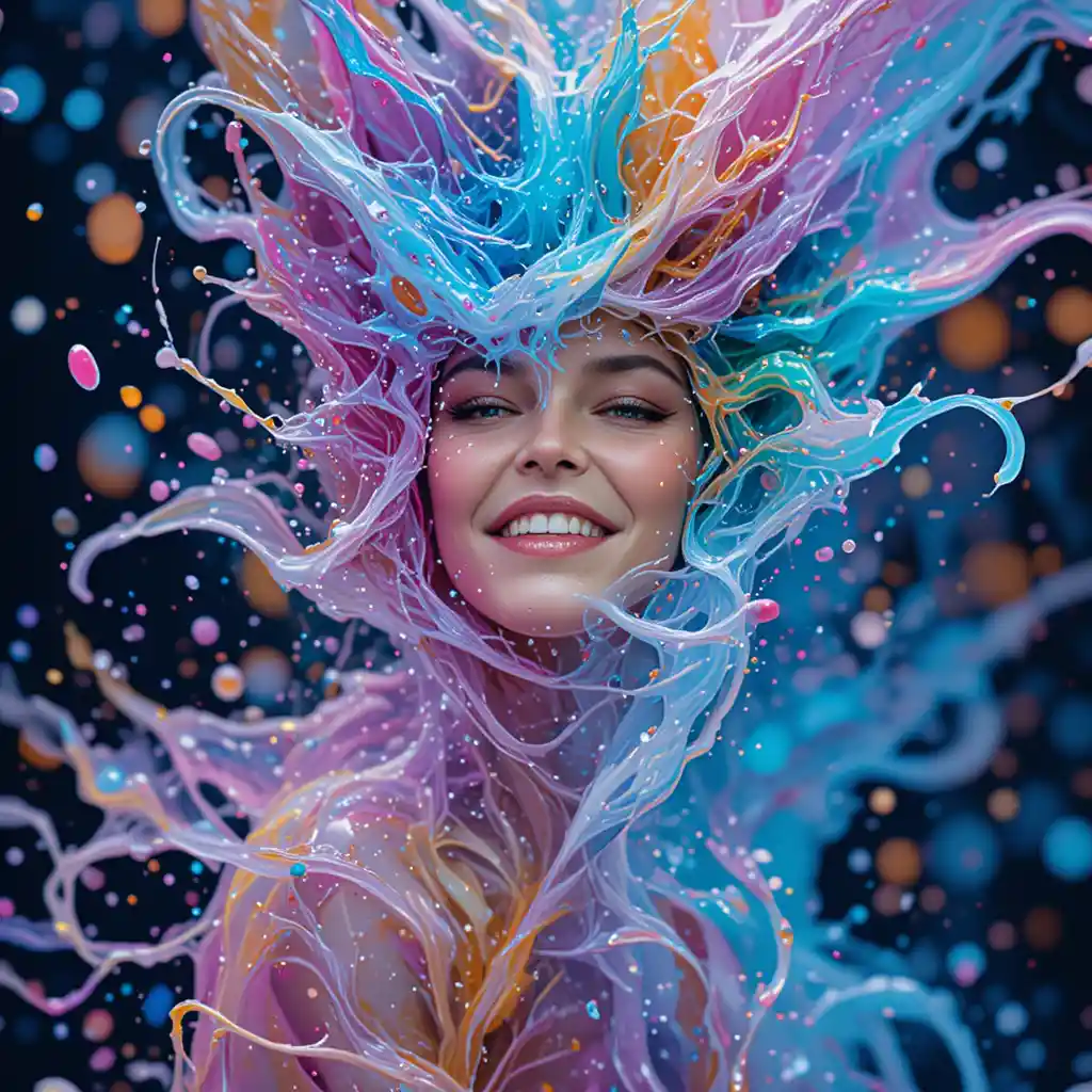 Close up abstract face with vibrant liquid motion