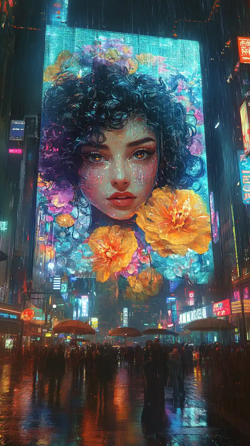 Mysterious woman on neon billboard in cyberpunk city