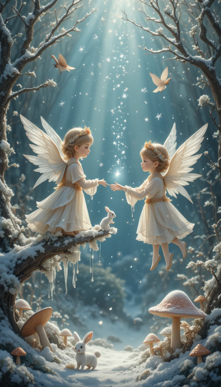 Angelic children with snowy rabbit in a winter wonderland