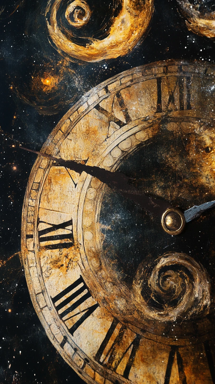 Doppia esposizione di orologio antico con galassie turbinanti