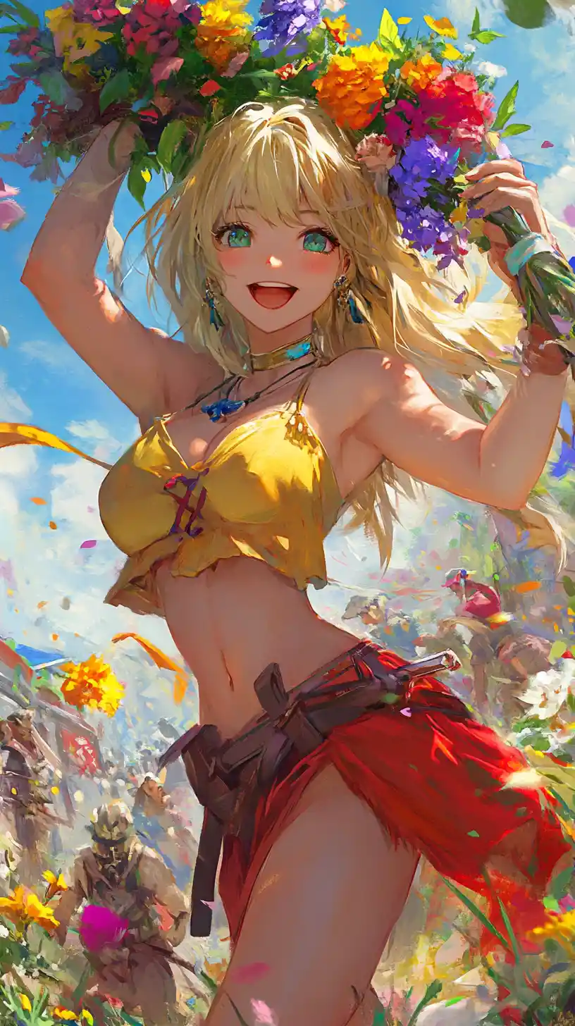 Anime girl smiling with flowers balanced on her head