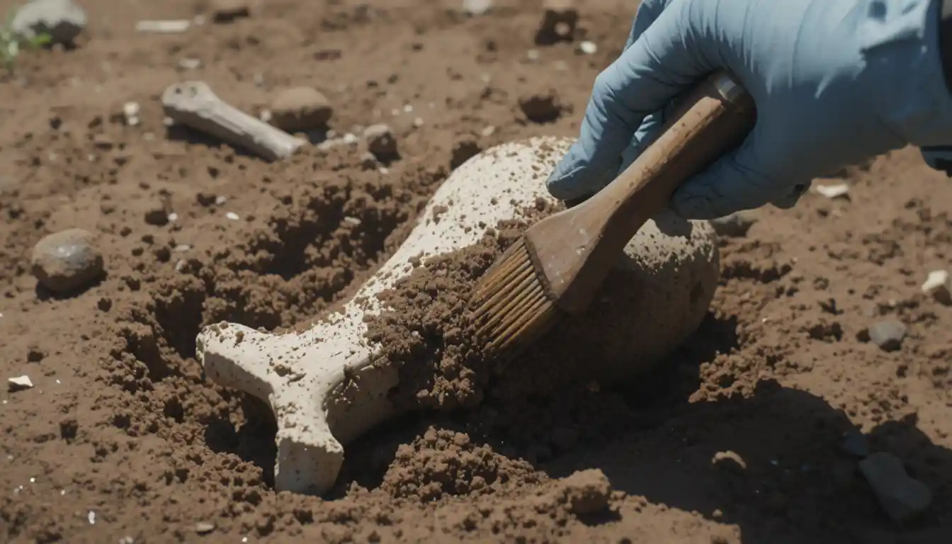 Anime close up of gloved hands uncovering a buried bone