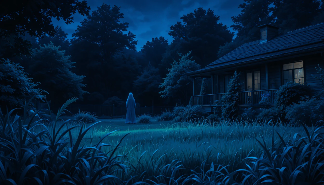 寧靜郊區小屋旁的動漫風夜晚花園