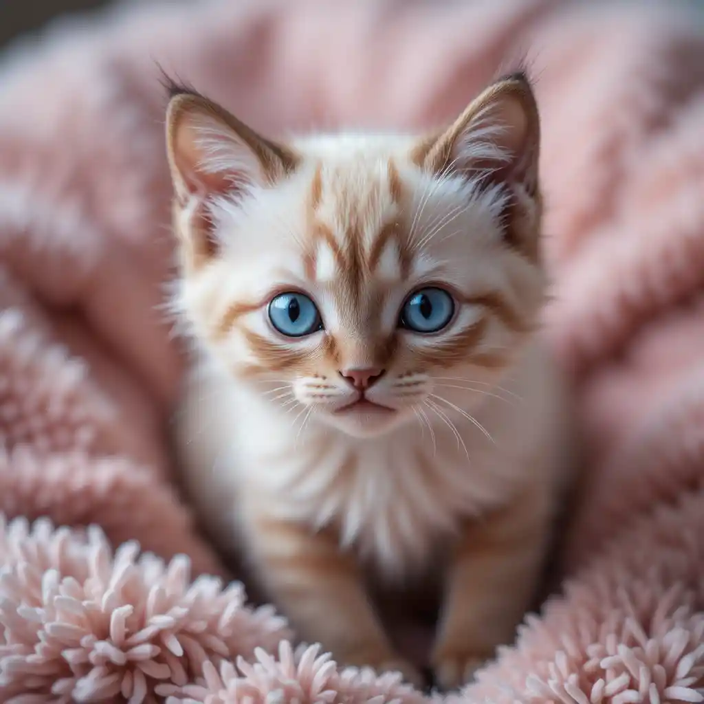 ピンクの毛布にいるふわふわの青い目のシャム子猫