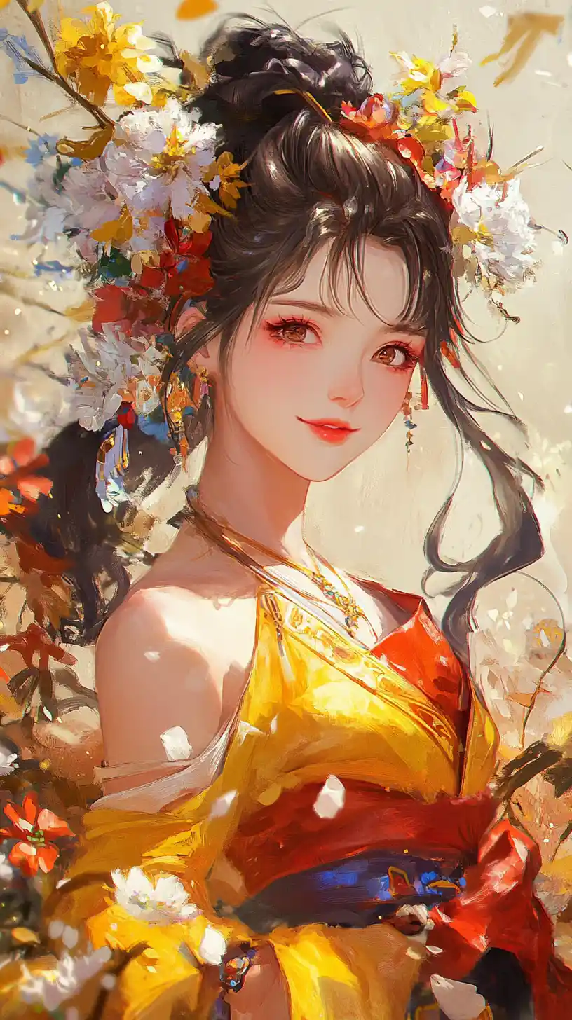 Anime girl balancing colorful flowers on her head