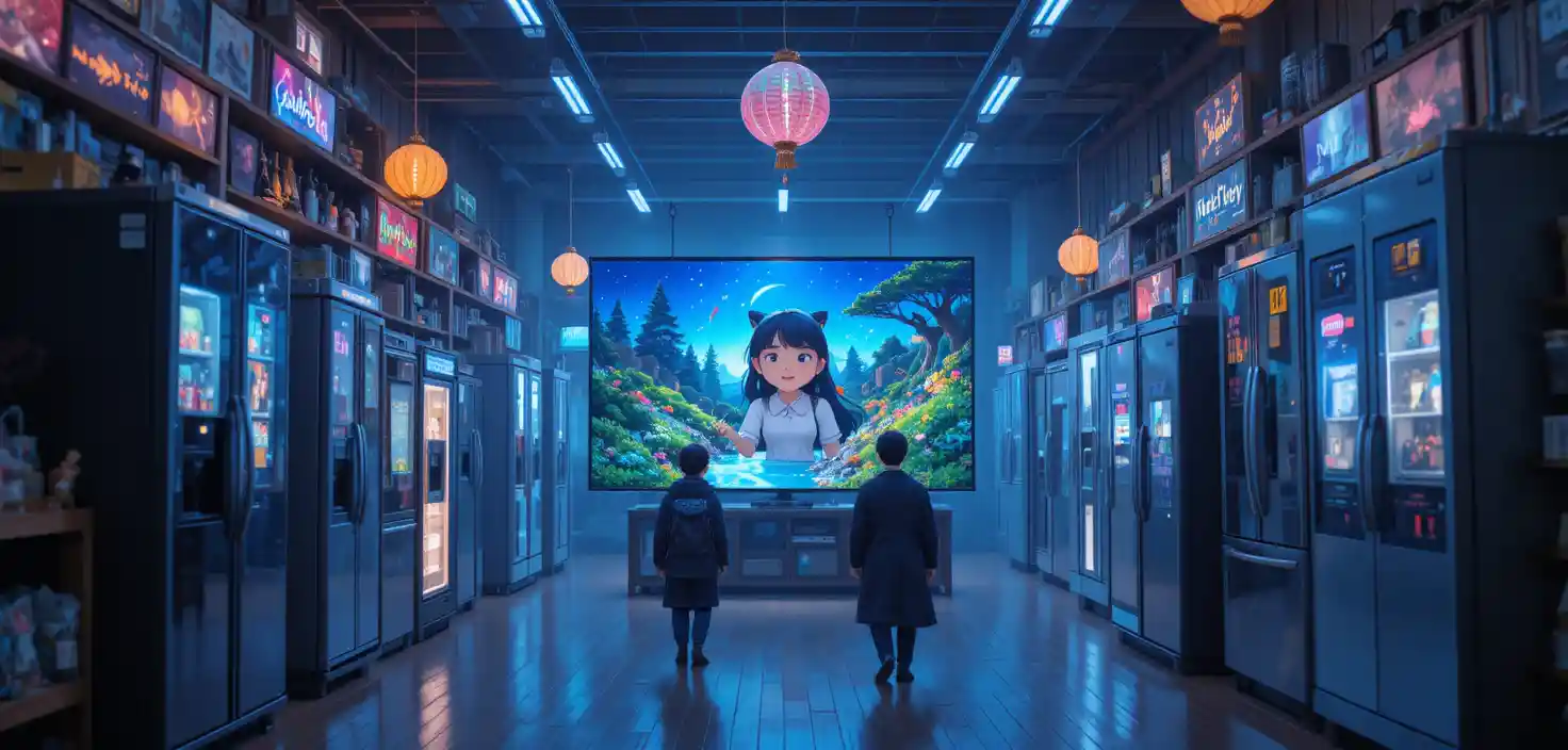 Festive crowd gathers around giant television in appliance store