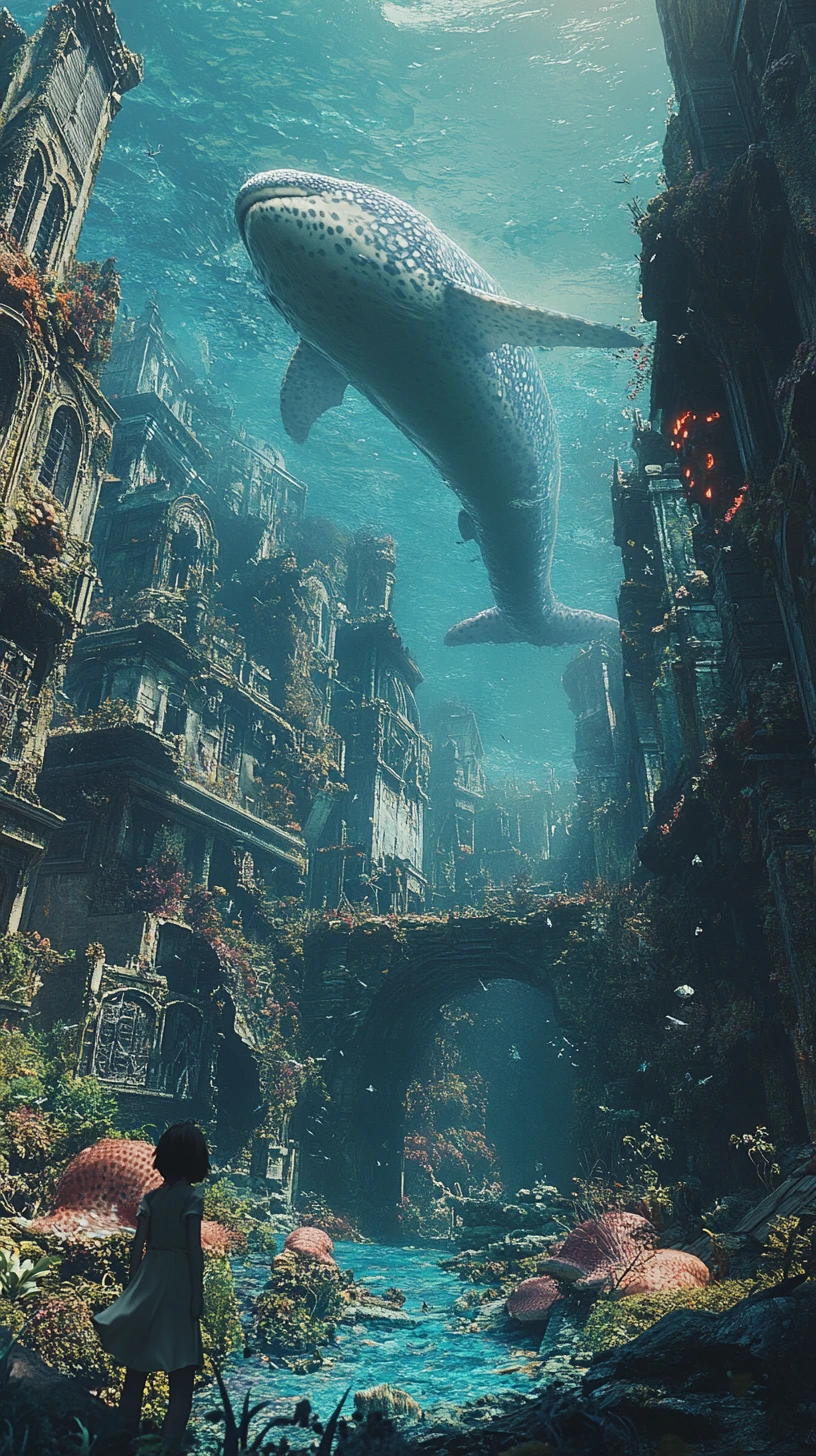 Gelassenes Anime-Seeungeheuer in einer weiten unterseeischen Ruine