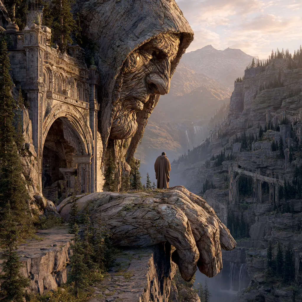 Colossal Stone Guardian Bridge In Fantasy Mountain Landscape