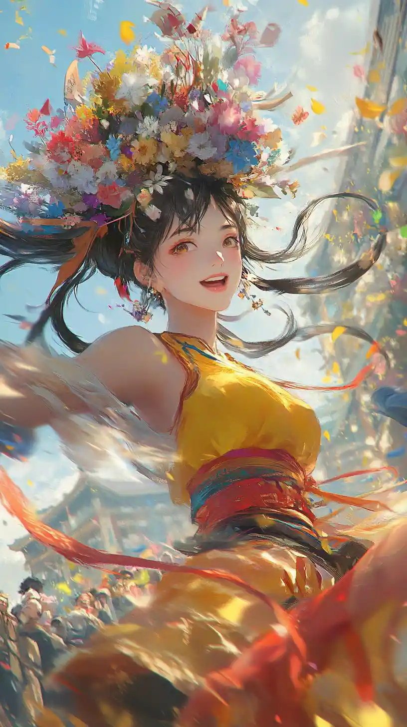 Anime girl balancing colorful flowers on her head
