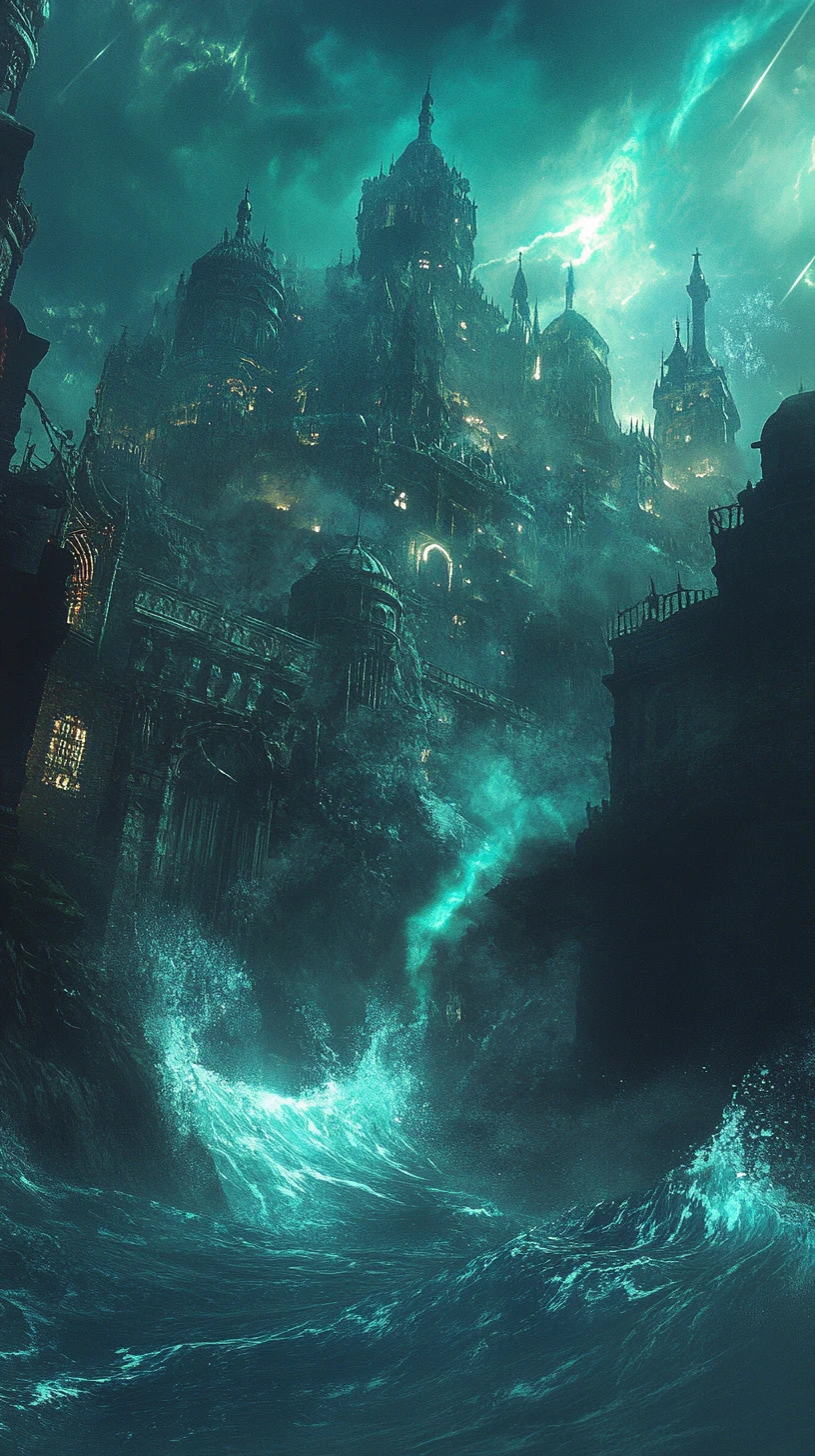 Ätherische Fantasy-Ruinenstadt mit aufsteigendem Seeungeheuer