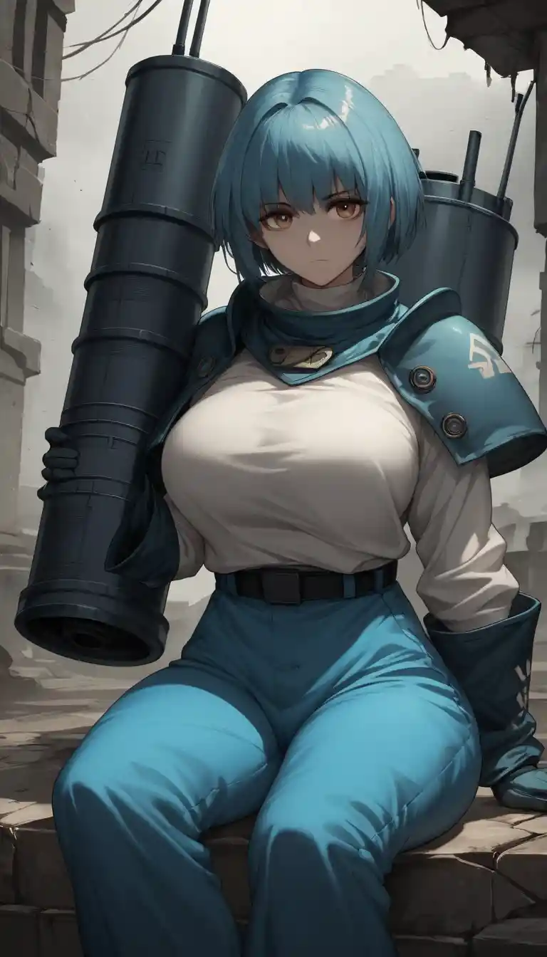 Warrior woman on massive cannon in ruined fantasy landscape