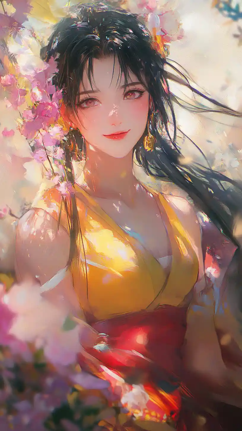 Anime girl balancing colorful flowers on her head