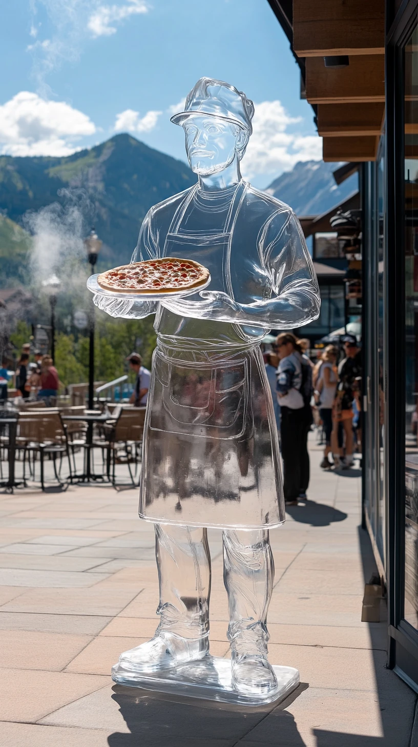Glass statue of pizza baker on sunny city sidewalk