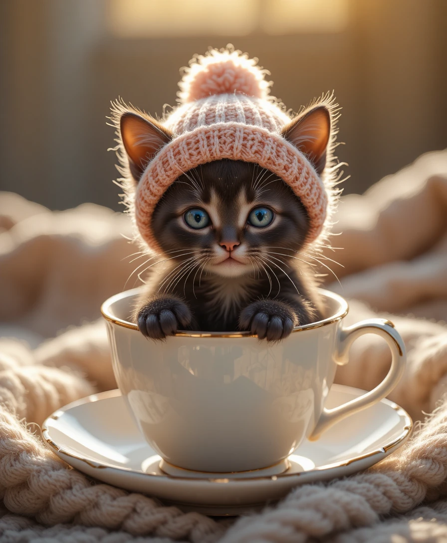 Tiny kitten in a teacup wearing a knitted cap
