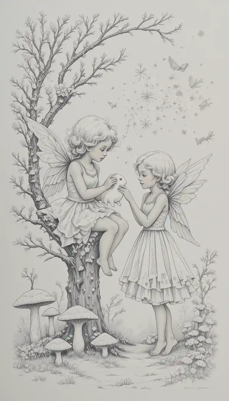 Two cherubic angels in a snowy forest with a rabbit