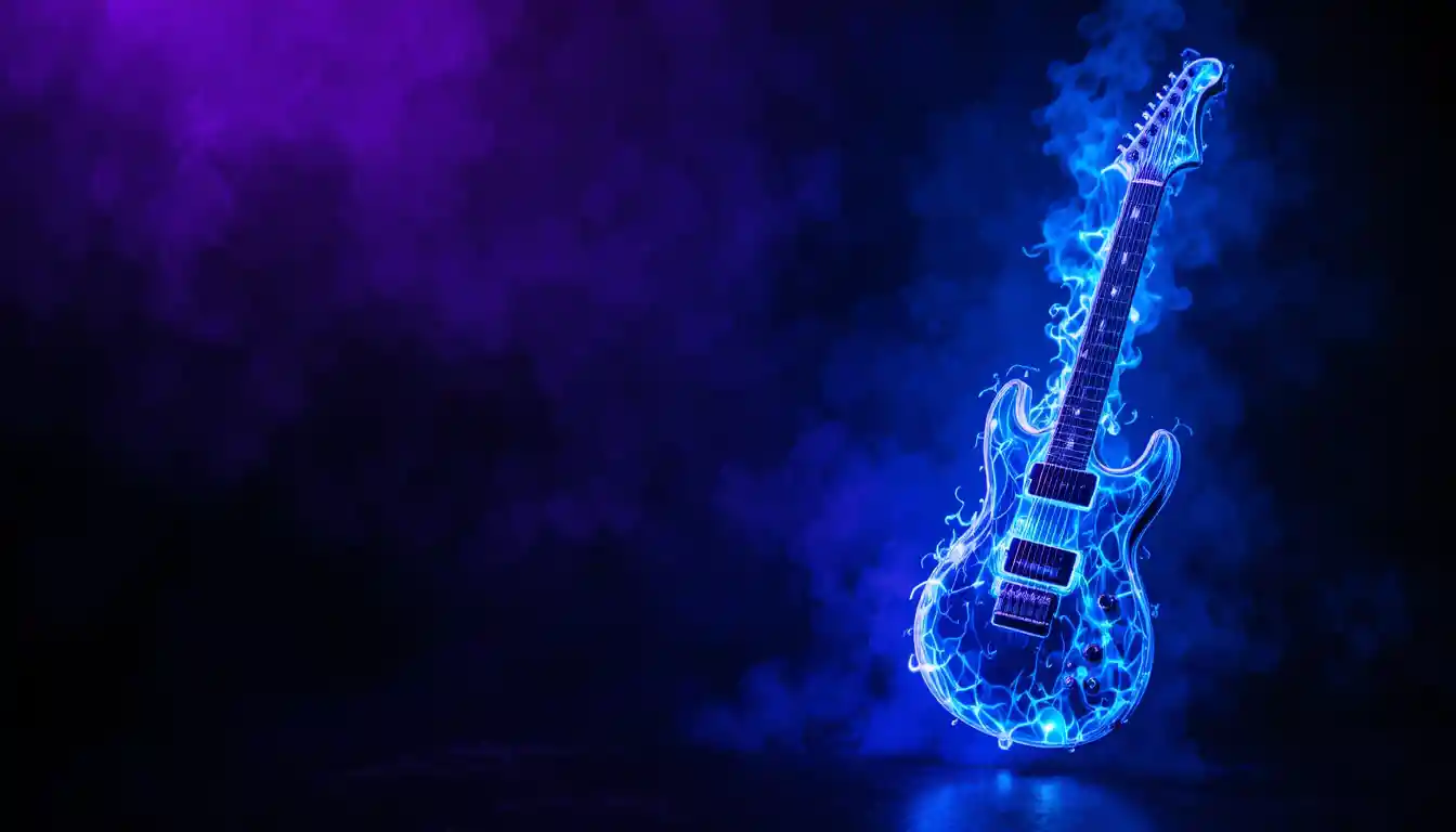 Chitarra elettrica tra fiamme blu su sfondo rock scuro