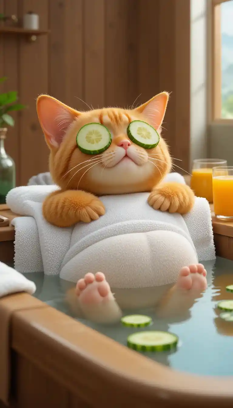 Orange cat relaxing in a wooden bathtub spa scene