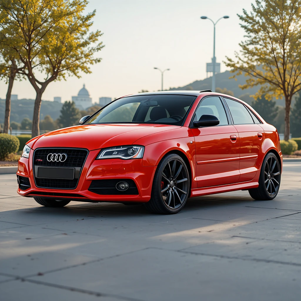 Carro laranja-avermelhado estilo Audi com rodas pretas de 18 polegadas
