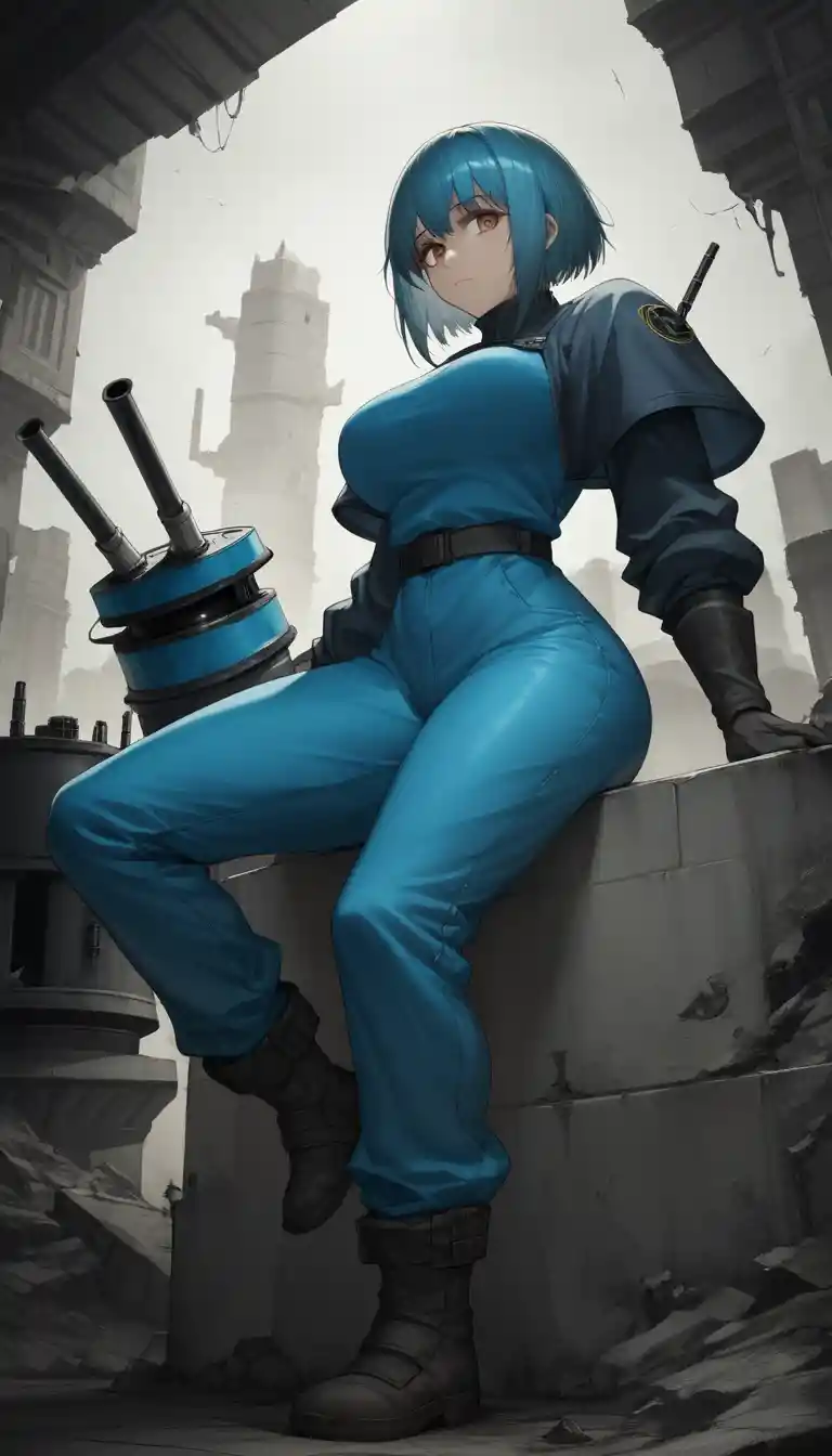 Warrior woman on massive black cannon in ruined city