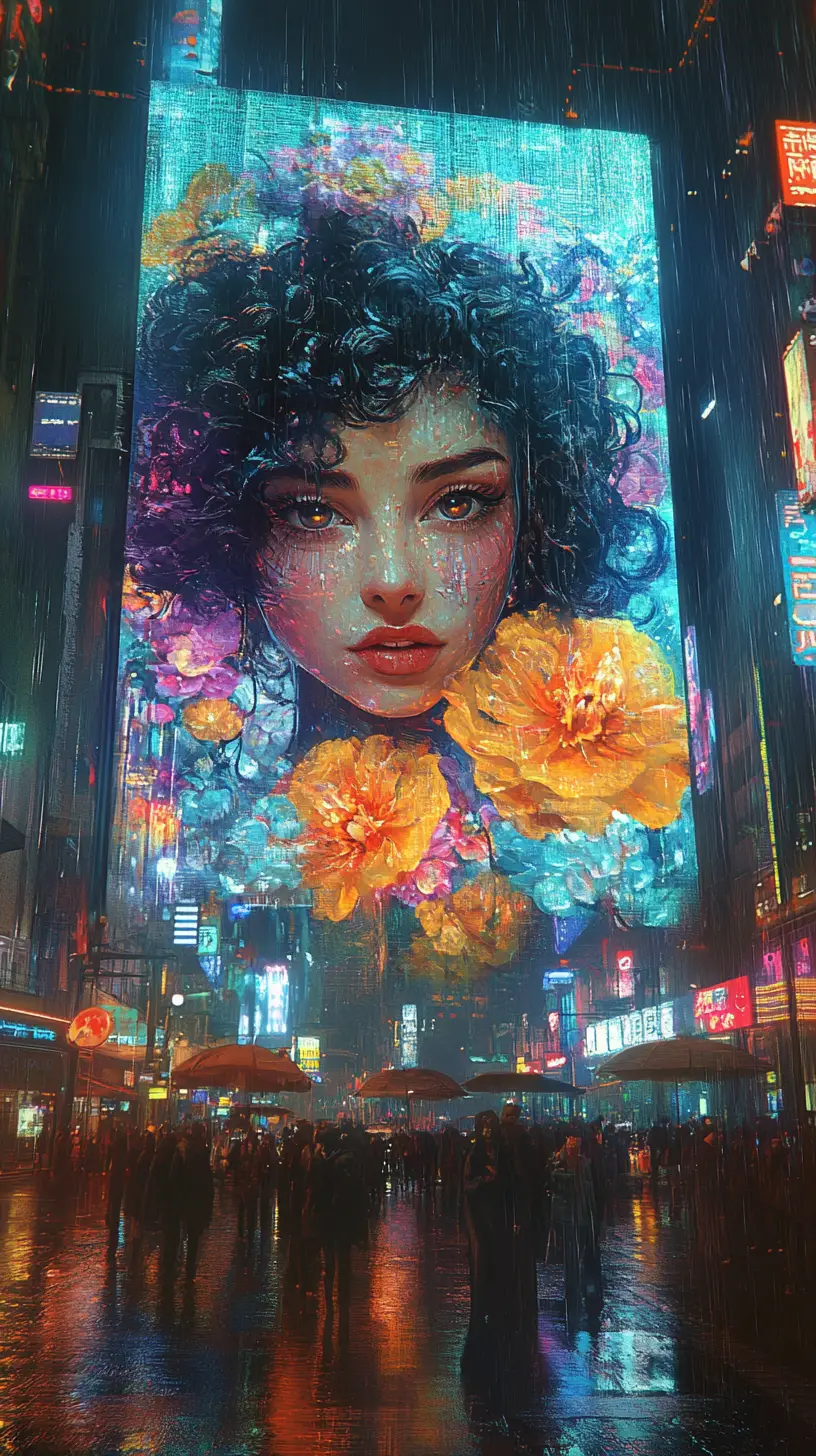 Mysterious woman on neon billboard in cyberpunk city