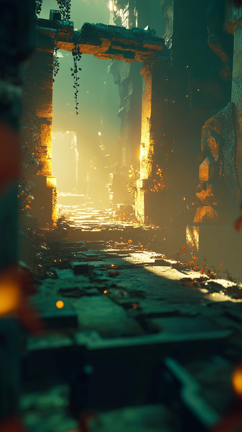 Epic anime ruins under dramatic volumetric light