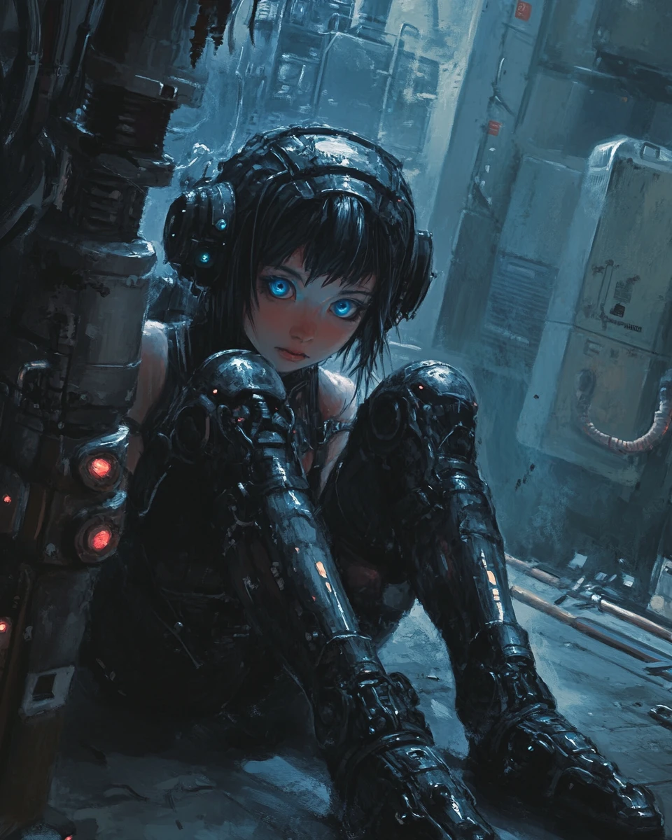 Héroïne d’anime blessée allongée sur le sol froid d’un laboratoire