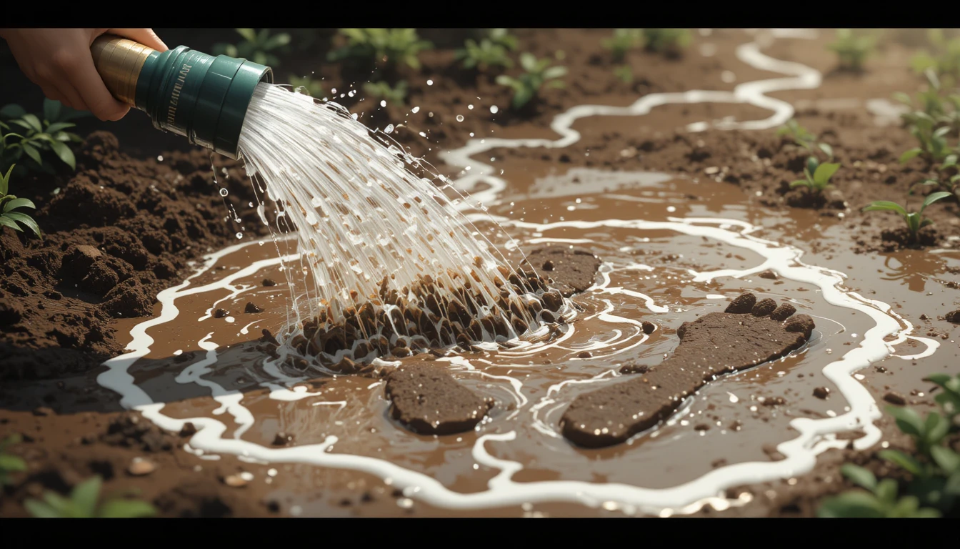 Anime garden hose close up washing away muddy footprints