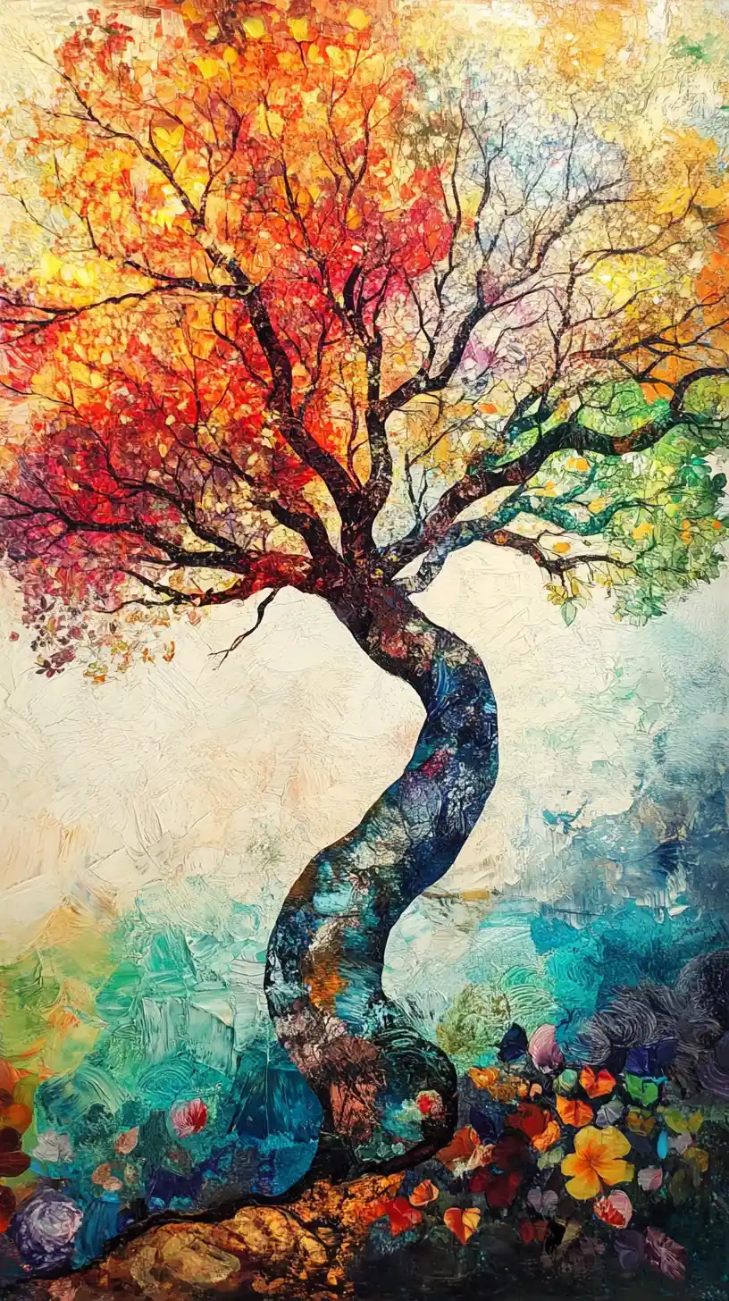 Impressionist tree of life with shifting seasonal colors