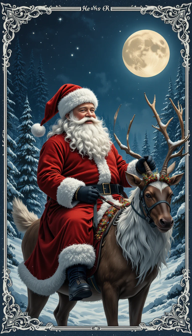 Babbo Natale a cavallo di una renna sotto la luna piena