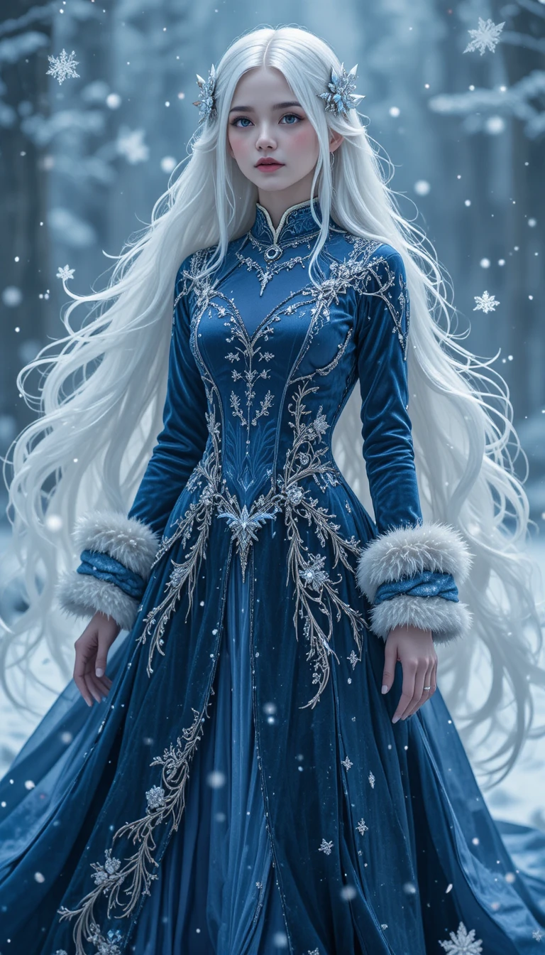 Anime winter enchantress in an icy blue velvet coat