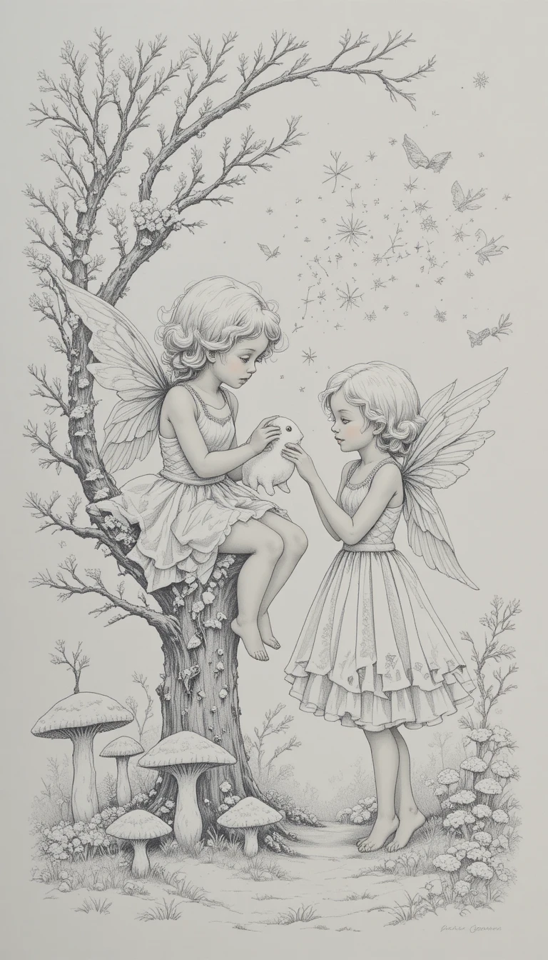 Two cherubic angels in a snowy forest with a rabbit