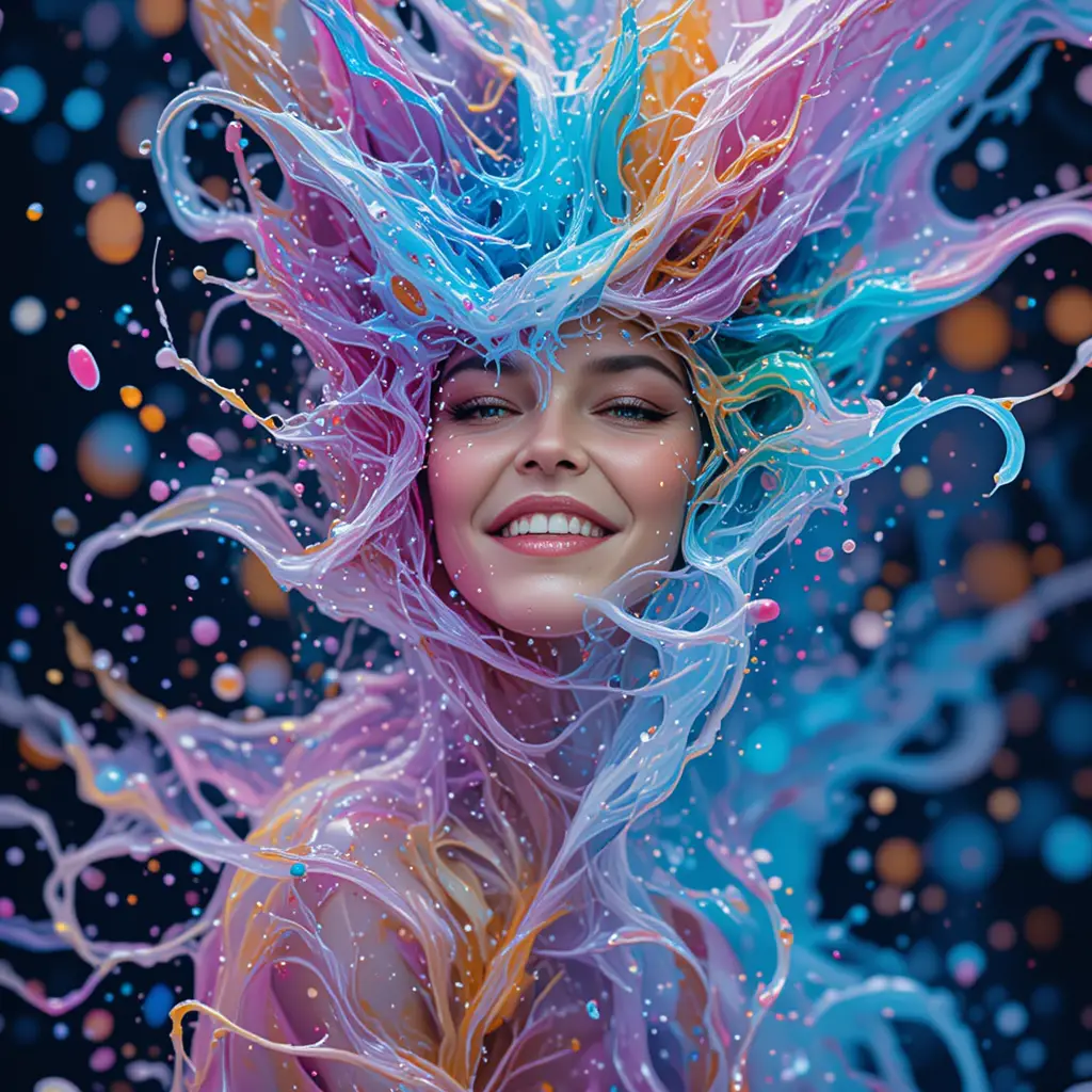 Close up abstract face with vibrant liquid motion