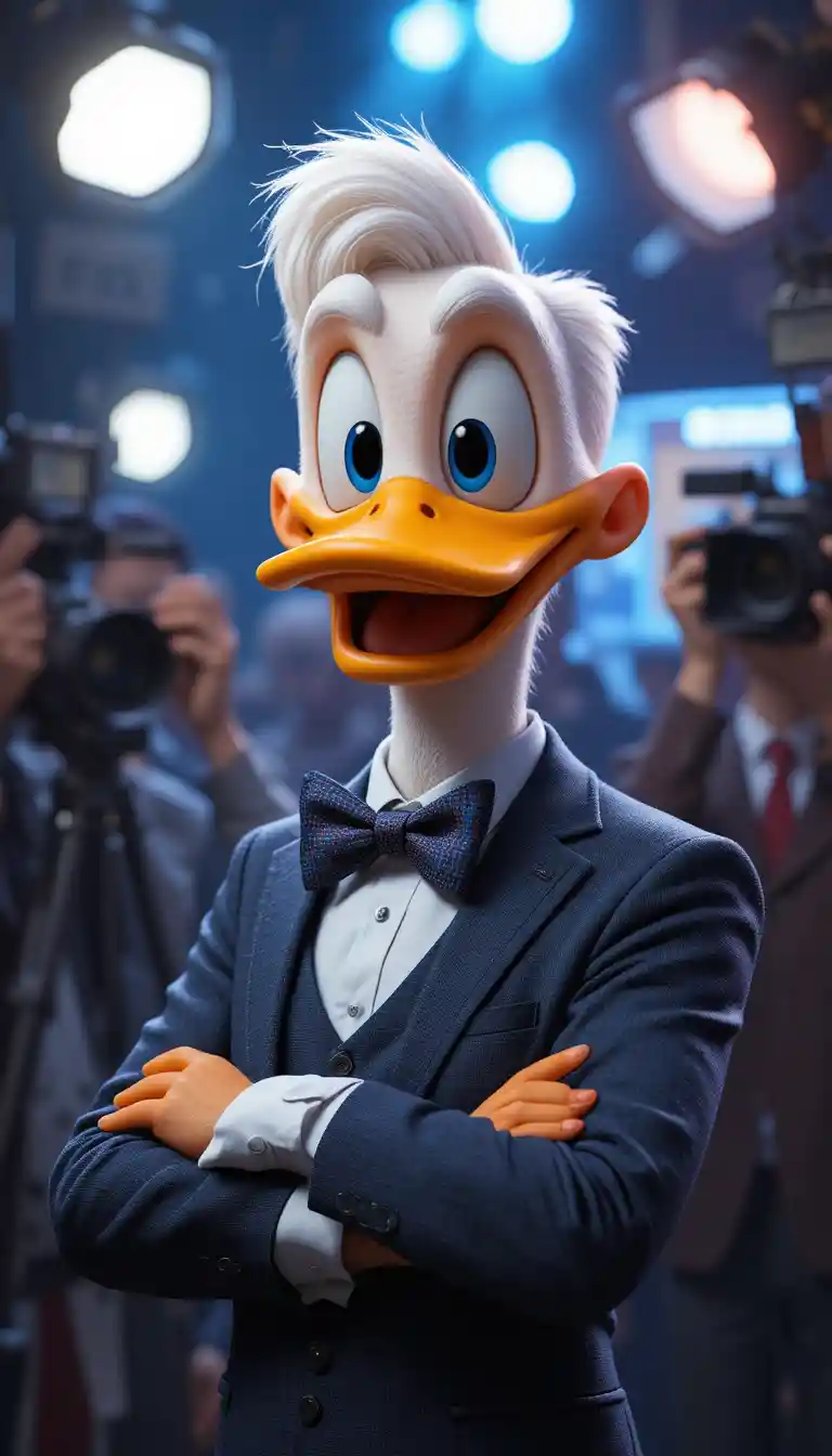 3D cartoon man smiling in a vibrant press conference