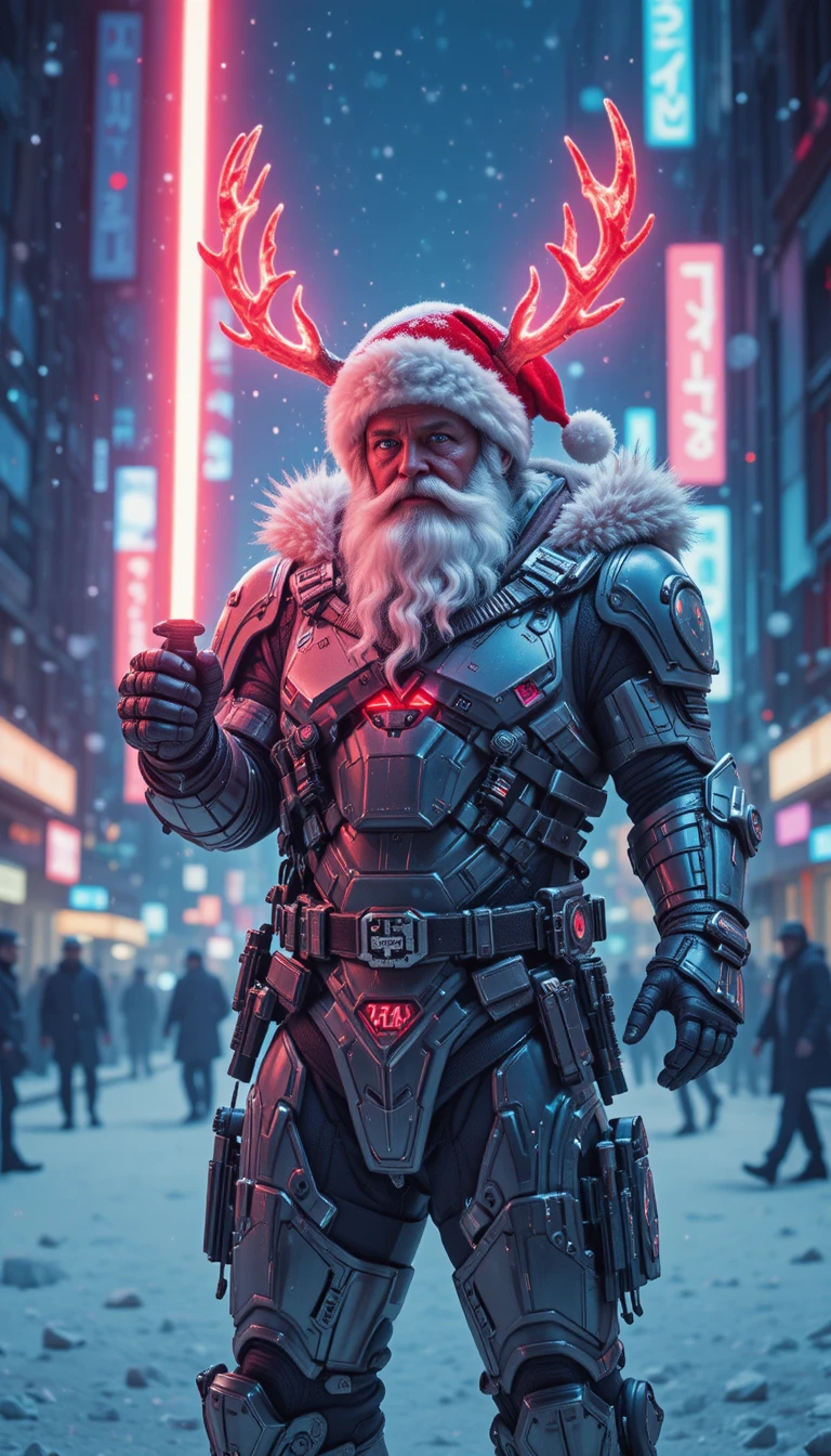 Babbo Natale futuristico con spada laser in città cyberpunk al neon