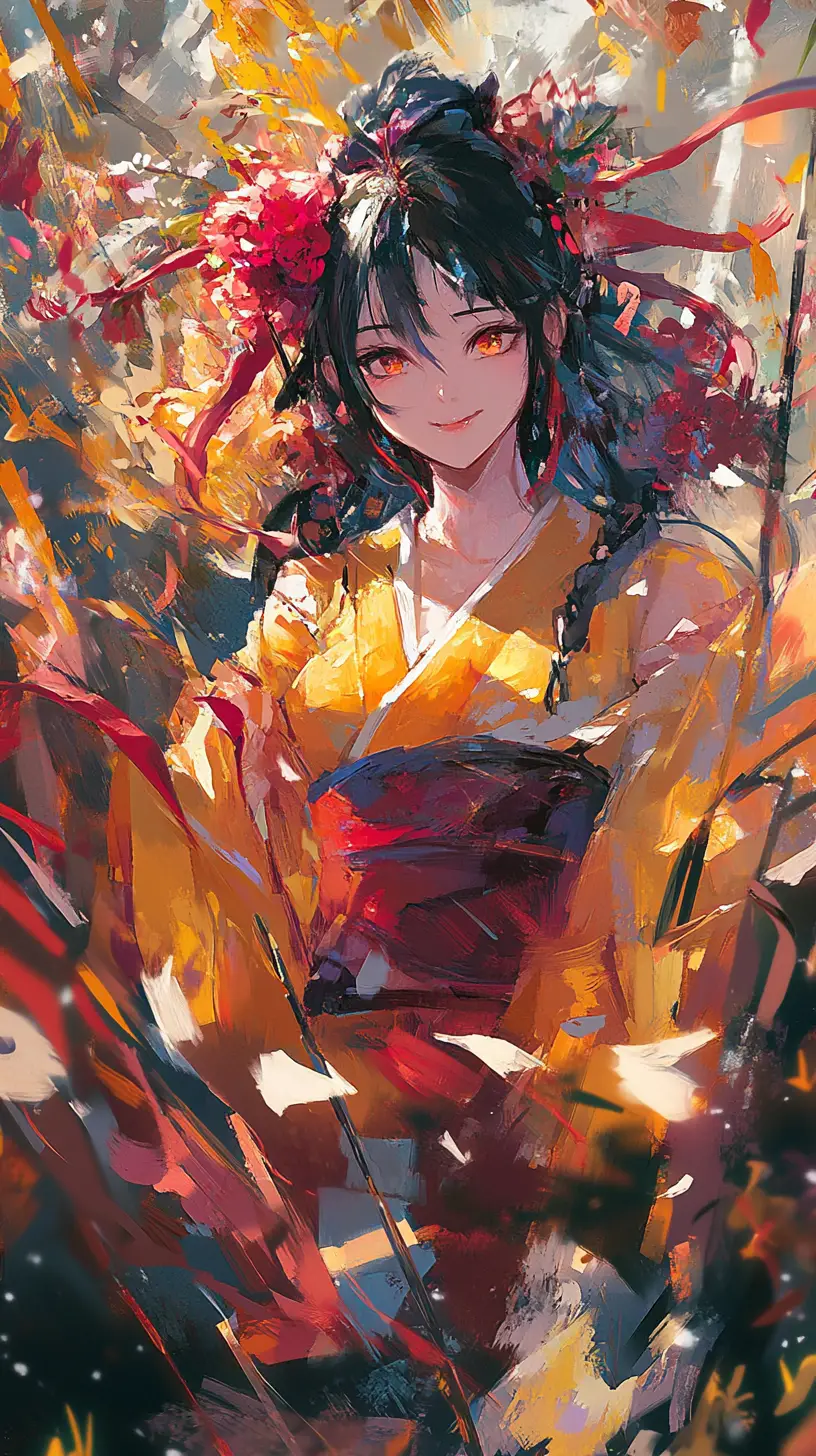 Anime girl balancing colorful flowers on her head