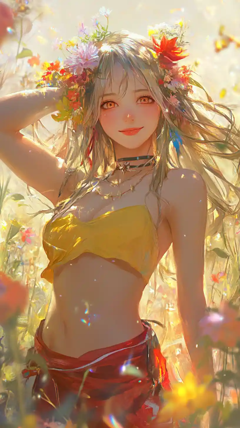 Anime girl balancing colorful flowers on her head