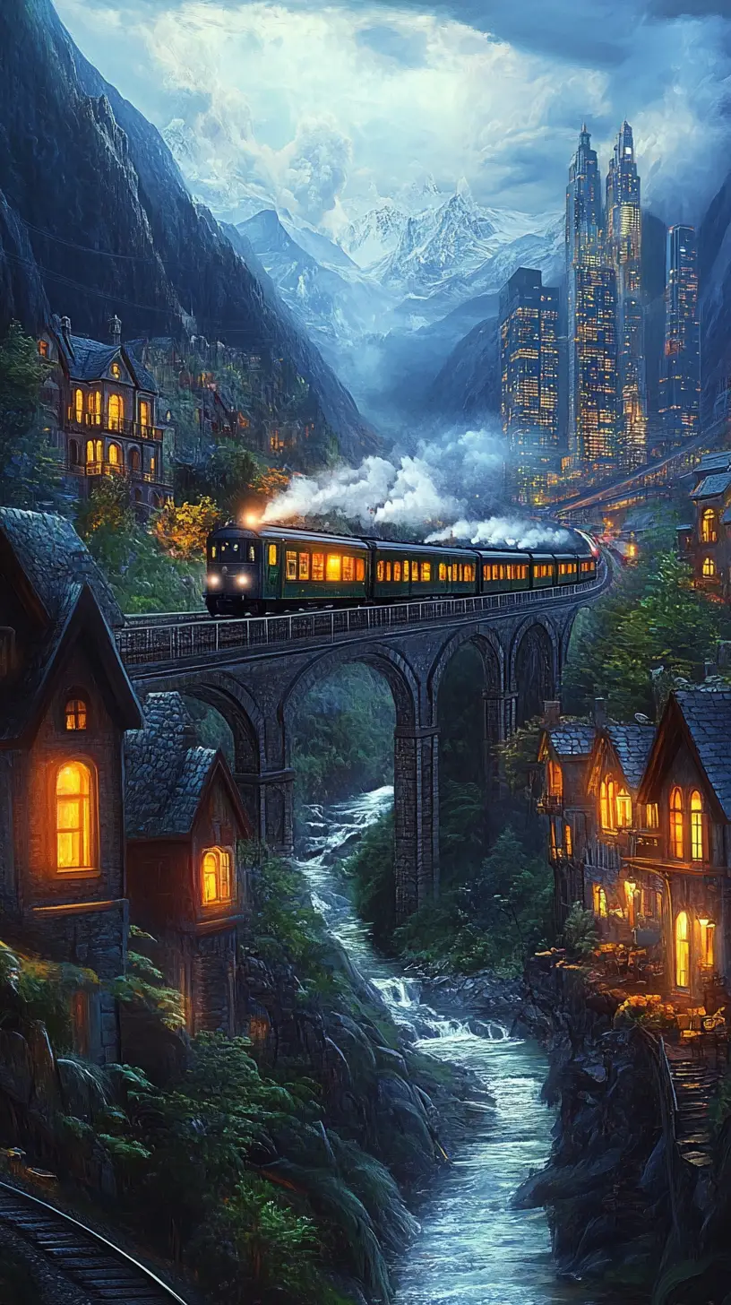 Fantasy train crossing a high bridge at night