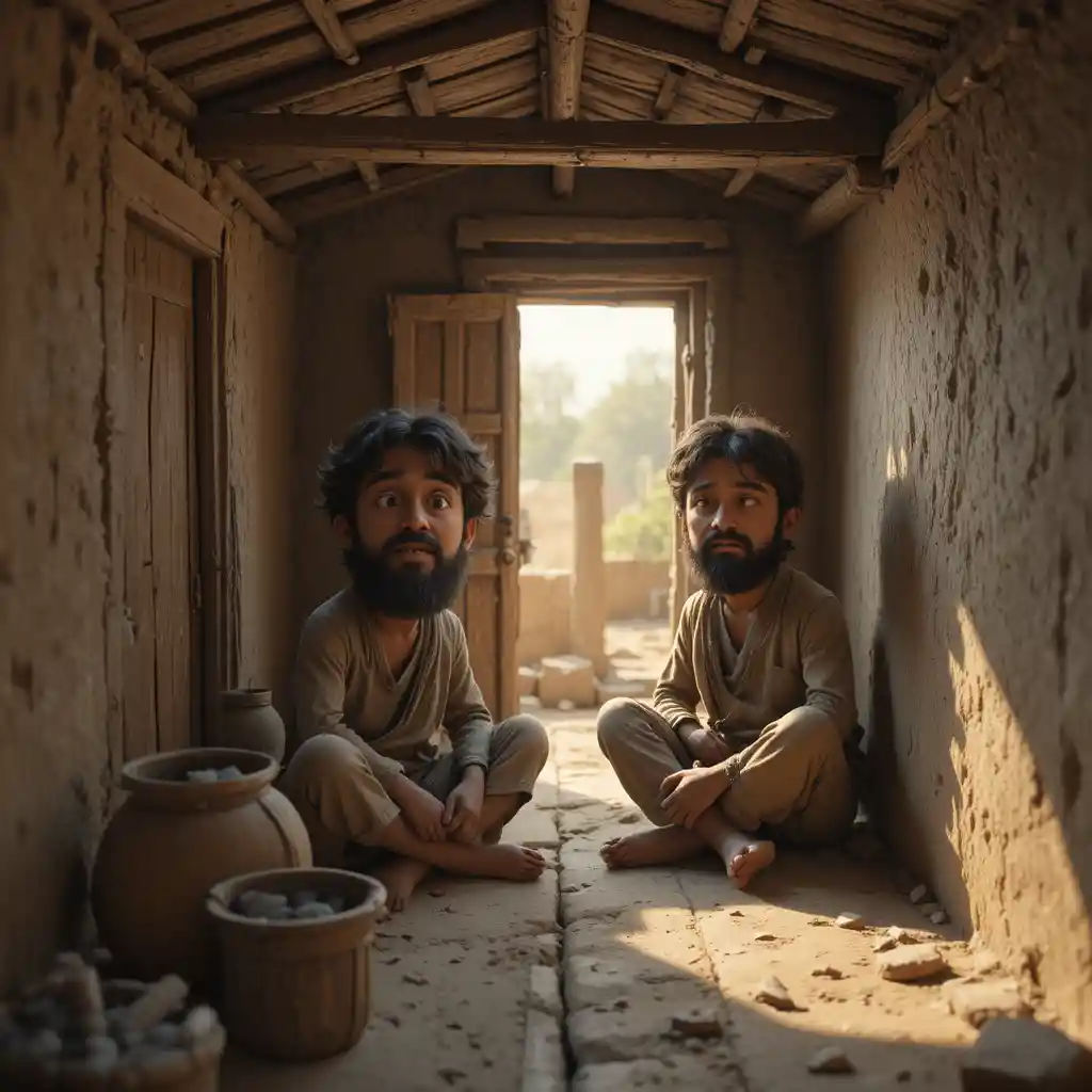 Poor villagers sitting in a bare mud house interior