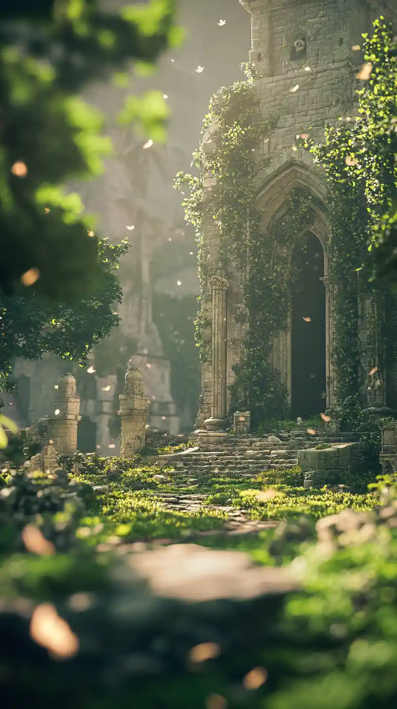 Epische Anime-Ruinen mit dramatischem volumetrischem Licht